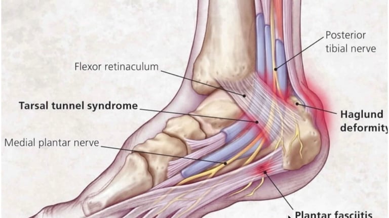 Anatomic diagram of foot showing plantar fasciitis pain in the heel. 