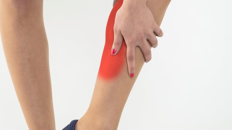 A red hotspot on the back and inside calf muscle showing pain such as from shin splints.