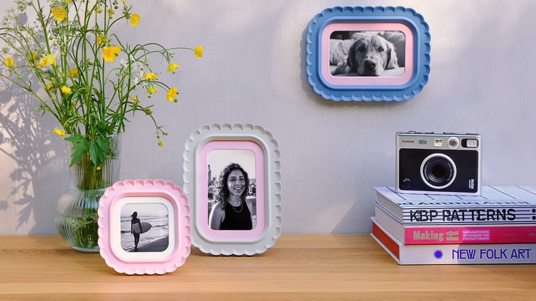     3D printed photo desk and wall  frames styled in a modern home interior for personal spaces