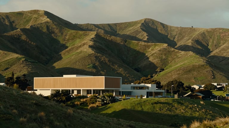 A serene and professional photo of a New Zealand landscape, featuring rolling green hills and modern architecture in warm tan and soft off-white.