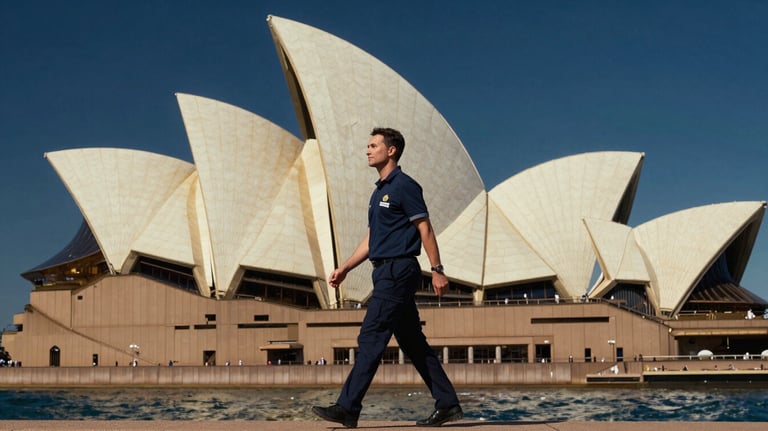 A high-quality lifestyle photograph of a professional worker walking in front of the Sydney Opera House, reflecting a successful migration to Australia, in deep navy blue and gold hues.