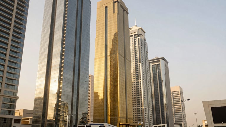 A bright, professional photo of a modern office in Dubai, showcasing glass skyscrapers and luxury surroundings in elegant gold and soft off-white.