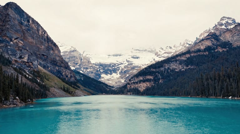A scenic, high-resolution photo of the Canadian Rockies and a turquoise lake, symbolizing the beauty of relocation, in soft off-white and deep navy blue tones.