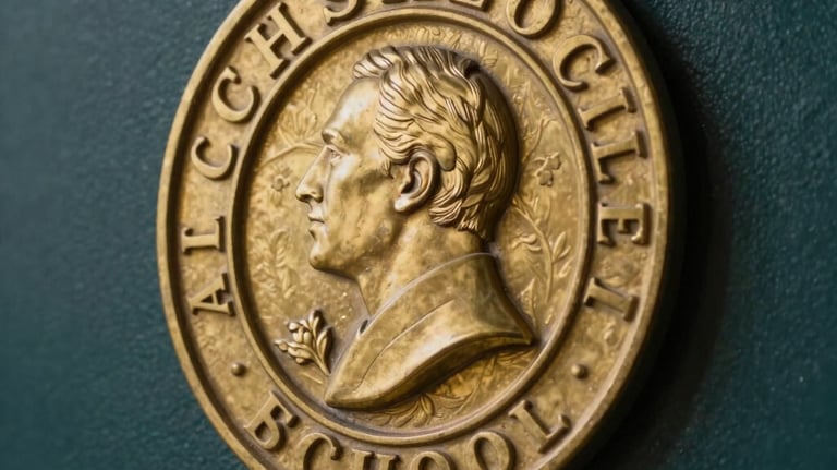 A close-up photograph of a vintage gold-toned school crest mounted on a dark teal textured wall. The lighting is focused and dramatic, evoking a sense of established tradition and heritage.