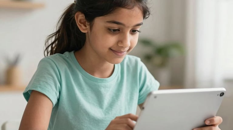 A high-quality lifestyle shot of a South Asian girl studying with a tablet in a bright home environment. The atmosphere is studious and inspiring, with dusty teal and white tones.