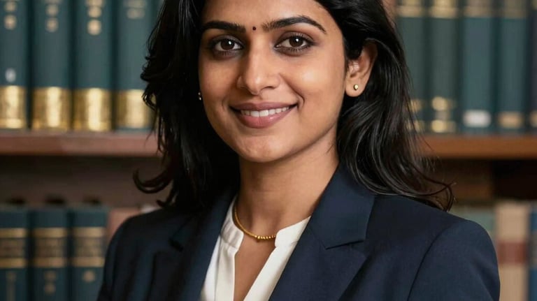 A professional portrait of a South Asian woman in elegant professional attire, smiling confidently. The background is a soft-focus library with gold and dark teal book spines.