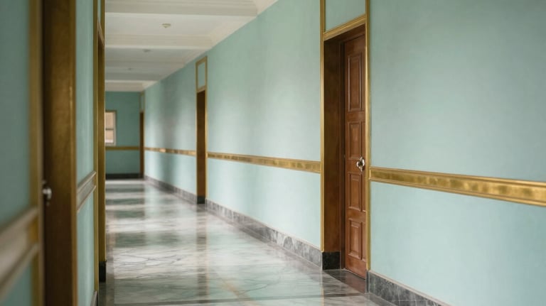 A bright photography shot of a modern, elegant school corridor in Pakistan with clean lines and gold accents. The floor is polished marble, reflecting soft dusty teal colors from the walls.