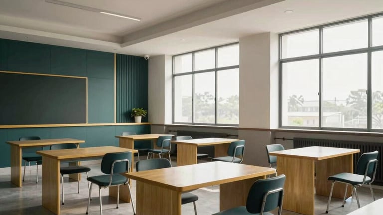 A crisp photograph of a modern classroom in Pakistan, featuring high ceilings and large windows. The furniture is minimalist and sophisticated, with gold and dark teal accents.