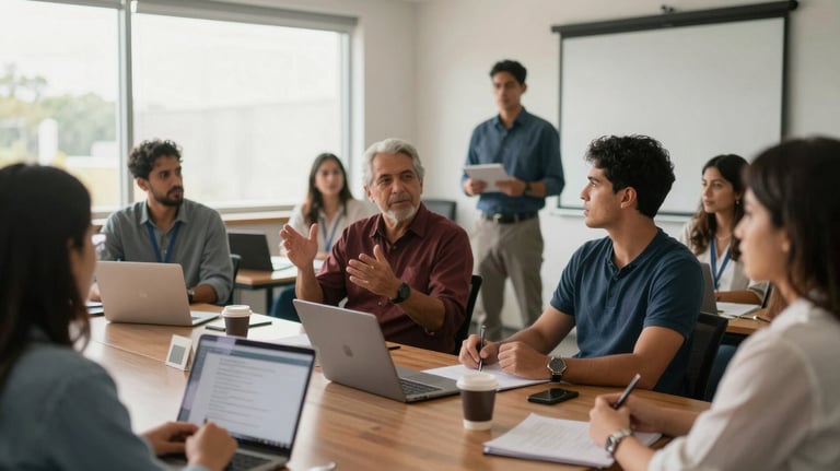A group of South American / Brazilian professionals participating in a management workshop. Dynamic interaction, modern training room, soft morning light.