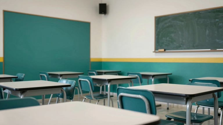A bright classroom in South American / Brazilian style with modern furniture and teal decorative elements. Empty desks arranged for collaborative learning.
