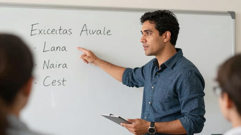 A South American / Brazilian instructor pointing to a whiteboard during a language class. Engaging composition, professional classroom setting, soft natural lighting.