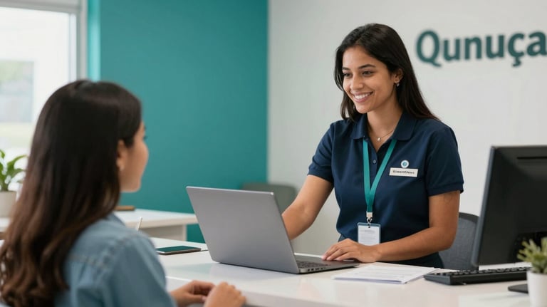 A friendly South American / Brazilian receptionist at a modern language school desk, assisting a student. Bright, teal-accented office interior, professional and welcoming.