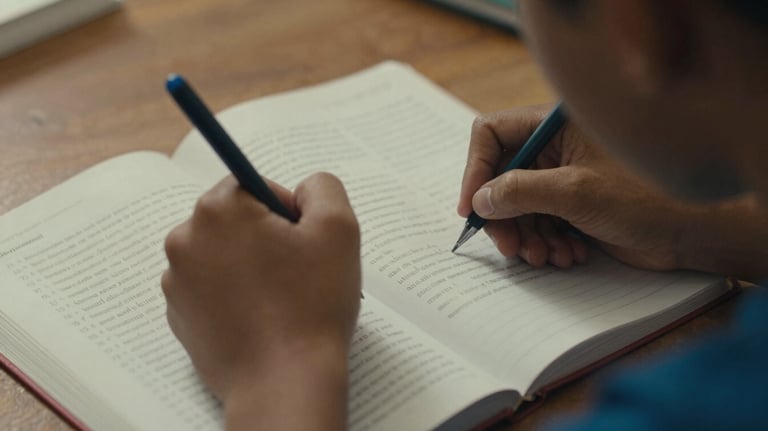 A close-up of a student's hands taking notes in a language textbook. South American / Brazilian setting, warm lighting, educational focus.