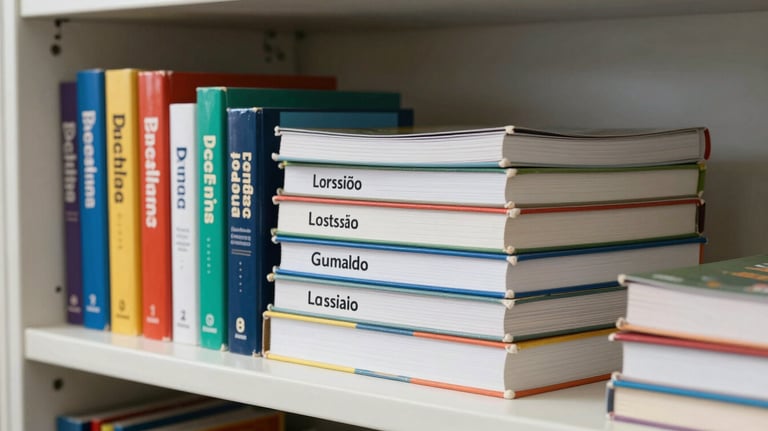 A focused shot of high-quality educational textbooks and language dictionaries stacked neatly on a white shelf in a South American / Brazilian school setting.