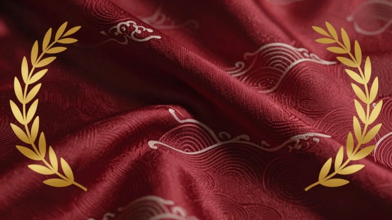 A close-up of deep red silk fabric with traditional Japanese wave patterns, representing protection and the warding off of misfortune.