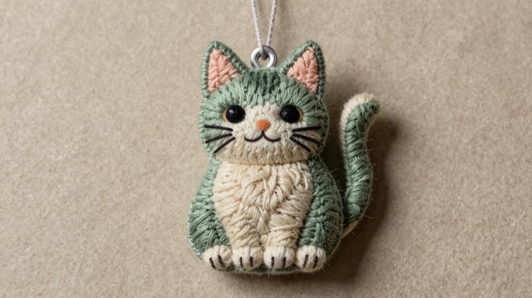 A top-down photograph of a handmade textile lucky cat charm in muted sage green and soft cream, resting on a textured handmade paper background.