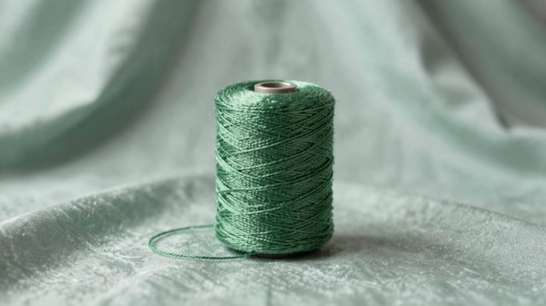 A minimalist composition showing a single green silk thread against a soft silver green fabric background, representing harmony and growth.