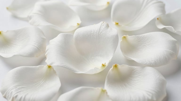 An artistic close-up of pure white silk petals, symbolizing purity and new beginnings, with soft shadows and a premium textile feel.