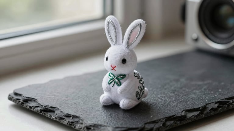 A macro photograph of a white textile rabbit charm with intricate silver green embroidery, placed on a piece of dark slate slate stone. Natural window light.