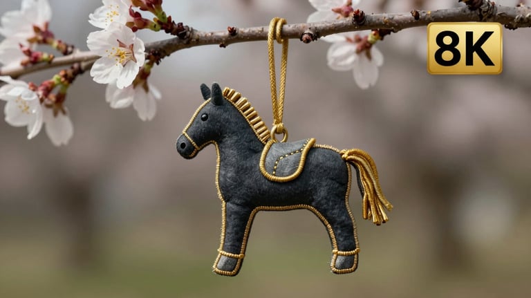 A close-up of a textile horse charm made from dark slate fabric with gold-tone thread accents, hanging from a budding cherry branch.