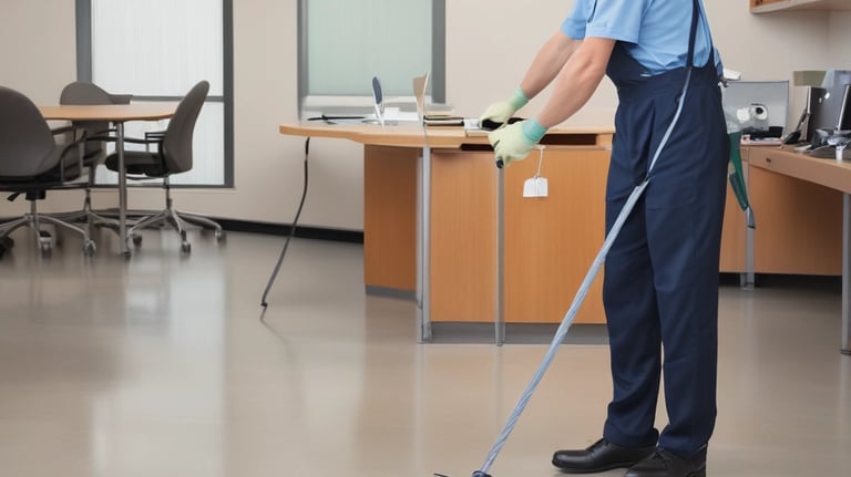 Janitorial staff efficiently cleaning an office hallway with modern equipment