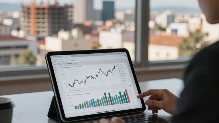A professional desk view with a tablet showing financial charts and a view of a Spanish city skyline with construction cranes. Professional and ambitious mood.