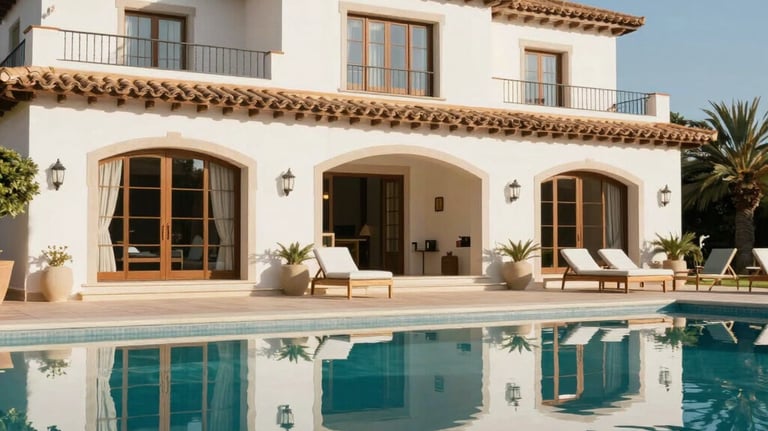 A luxury Mediterranean villa exterior with a swimming pool, reflecting a high-end Spanish lifestyle. Bright sunlight and blue skies.