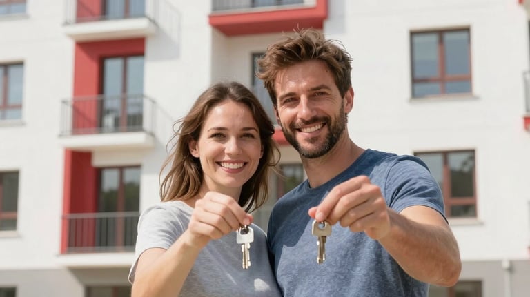 A Southern European couple smiling and holding keys in front of a new, modern apartment building with white walls and red decorative elements. Bright, high-key photography.