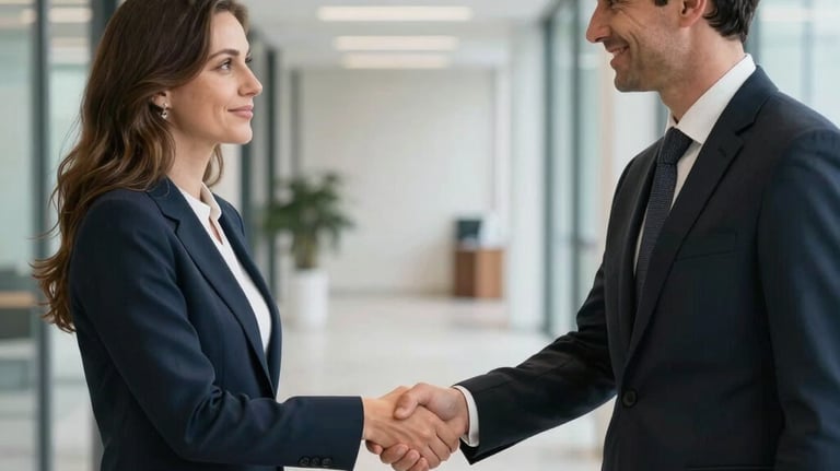Two professionals in Southern European attire shaking hands in a bright corridor of a contemporary office building.