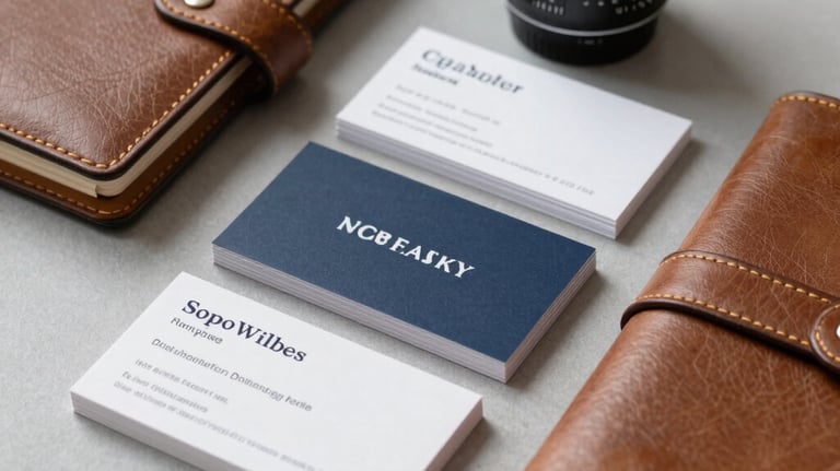 A collection of high-end business cards and a leather planner on a light gray surface. Elegant and organized.