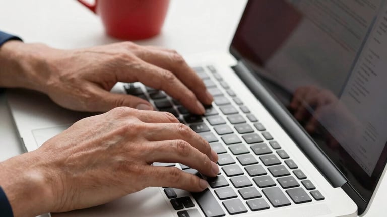 Close-up of a professional's hands typing on a high-end laptop next to a red coffee cup on a white desk. Minimalist and efficient style.