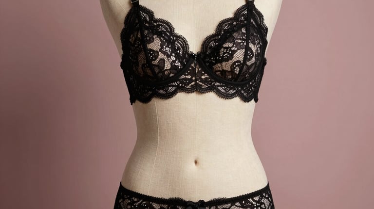 Studio photography of an elegant black lace lingerie set displayed on a mannequin, soft directional lighting, muted rose background, high-end professional catalog style.
