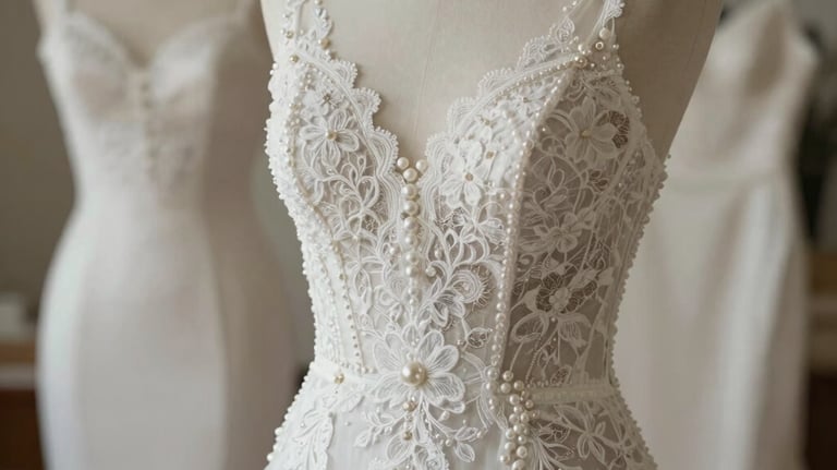 Bridal lingerie collection featuring white lace and pearls, soft focus romantic atmosphere, North American and European wedding style photography.