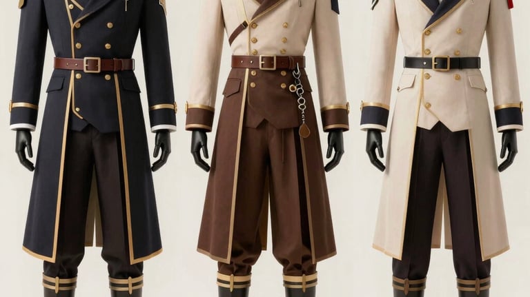 High-quality costume ensemble for role-play, focusing on the intricate details of the uniform, clean studio lighting, off-white background.