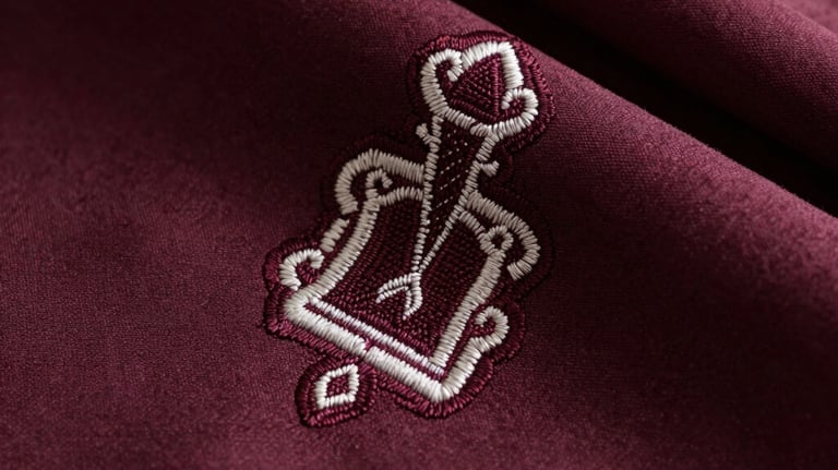 Detailed close-up of premium silk fabric and delicate embroidery in dark wine color, North American and European aesthetic, emphasizing textile quality.