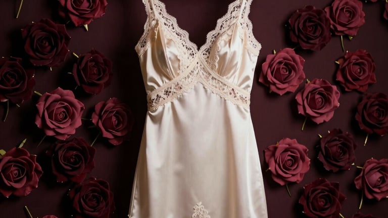 A luxury babydoll dress in off-white silk and lace, hung on a golden hanger against a dark rose wall, soft lighting, sophisticated composition.