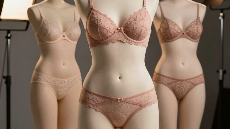 Professional studio photo of plus-size lingerie designed for European and North American body types, displayed on a high-end form, elegant lighting, professional atmosphere.