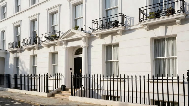 A high-end residential townhouse in a quiet street in Kensington, London. Clean white stucco facade with black iron railings, captured in bright morning light. Elegant Northern European aesthetic.