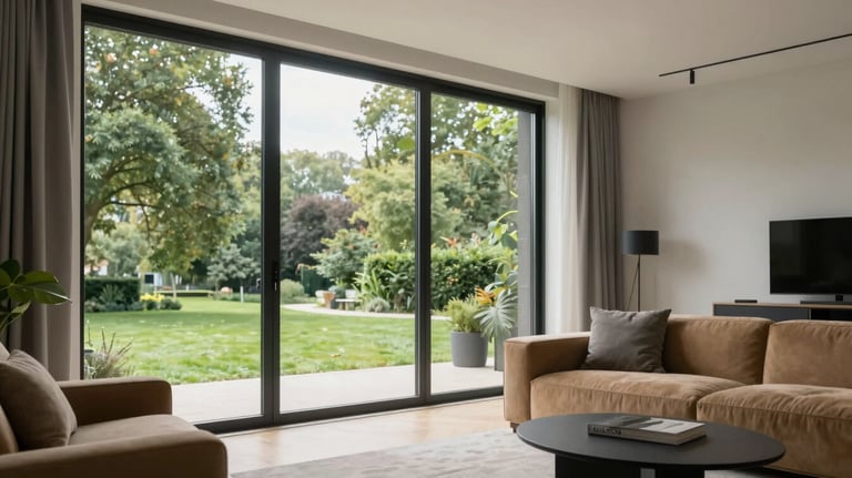 A modern, bright apartment interior with floor-to-ceiling windows overlooking a green London park. Minimalist furniture in tan and grey tones, soft natural daylight.