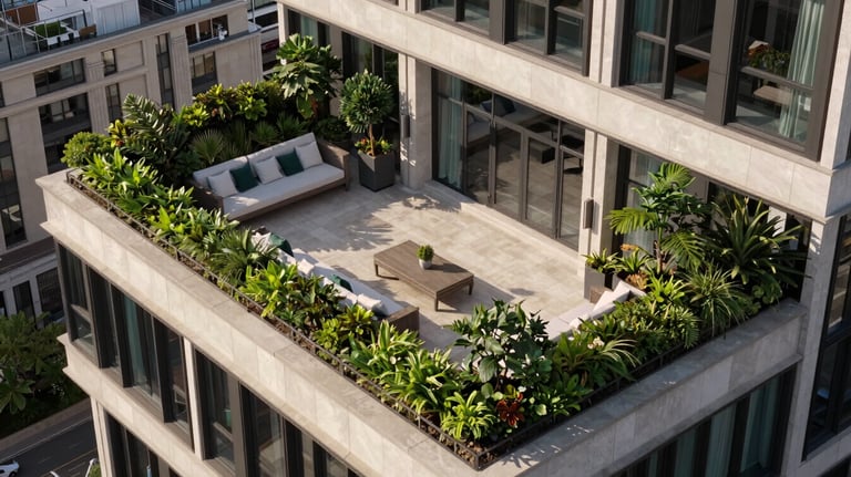 An aerial view of a luxury penthouse terrace in Chelsea, featuring manicured greenery and bespoke outdoor seating. Architectural photography with a crisp, high-end British aesthetic.