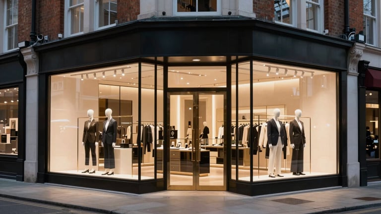 A stylish, upscale retail storefront on a premium London high street at twilight. Large glass windows with elegant lighting and a polished, professional atmosphere.