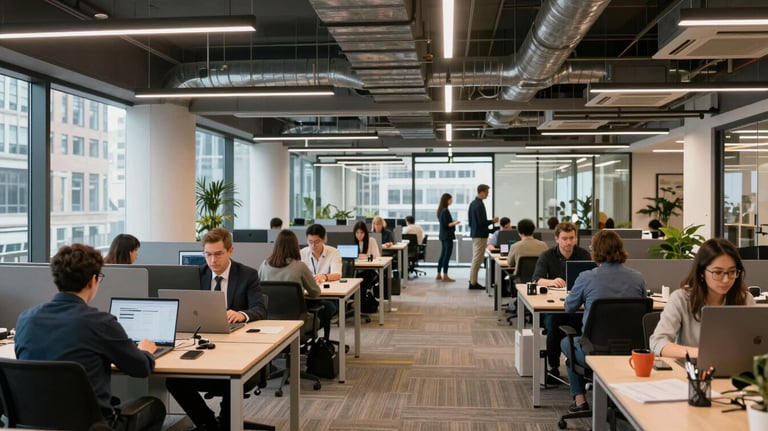 A vibrant, modern coworking space in the City of London with glass partitions and industrial accents. Professional people working in a bright, clean, and collaborative environment.