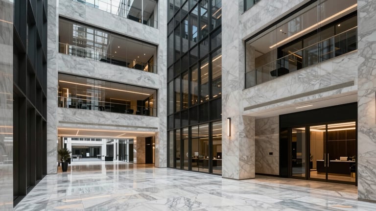 The interior of a sleek, modern commercial lobby in the City of London. High ceilings, marble floors, and glass accents. Sophisticated and professional atmosphere.