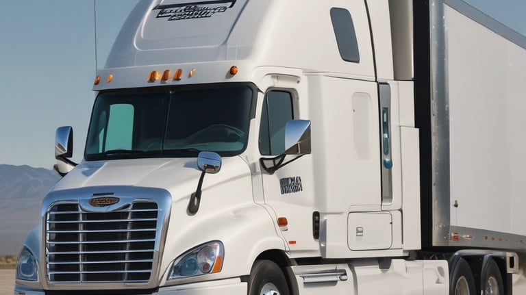 Photo of a semi truck on a highway under a clear blue sky