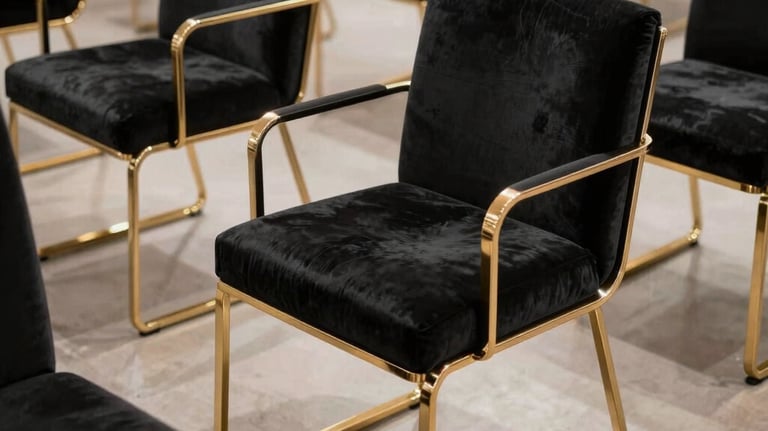 Photography of charcoal black velvet chairs with sleek metallic gold frames arranged in a geometric pattern on a polished floor. North American / US luxury rental gallery style.