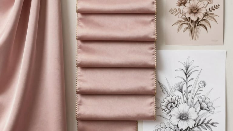 Elegant photography of a design mood board featuring dusty rose silk samples, gold accents, and sketches of grand floral installments. North American / US interior design office style.