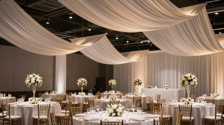 Commercial photography of a finished event hall in Atlanta featuring perfectly draped linens and sophisticated light installations. North American / US.