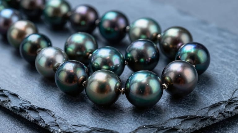 A collection of exotic Tahitian pearls in various shades of peacock green and charcoal grey, arranged artfully on a smooth Slate Blue stone surface.