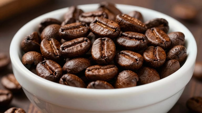High-quality photography of medium-roast specialty coffee beans in a professional white ceramic bowl. The lighting highlights the uniform color and texture of the roast.