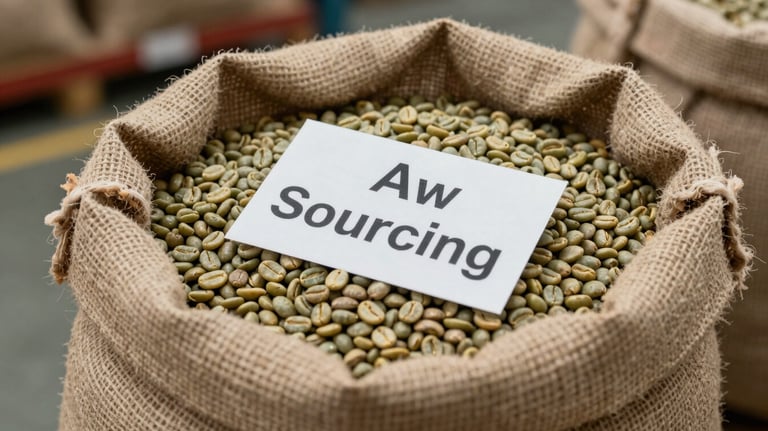 A close-up shot of a labeled burlap sack containing green coffee beans in a professional warehouse setting, emphasizing raw quality and direct sourcing.